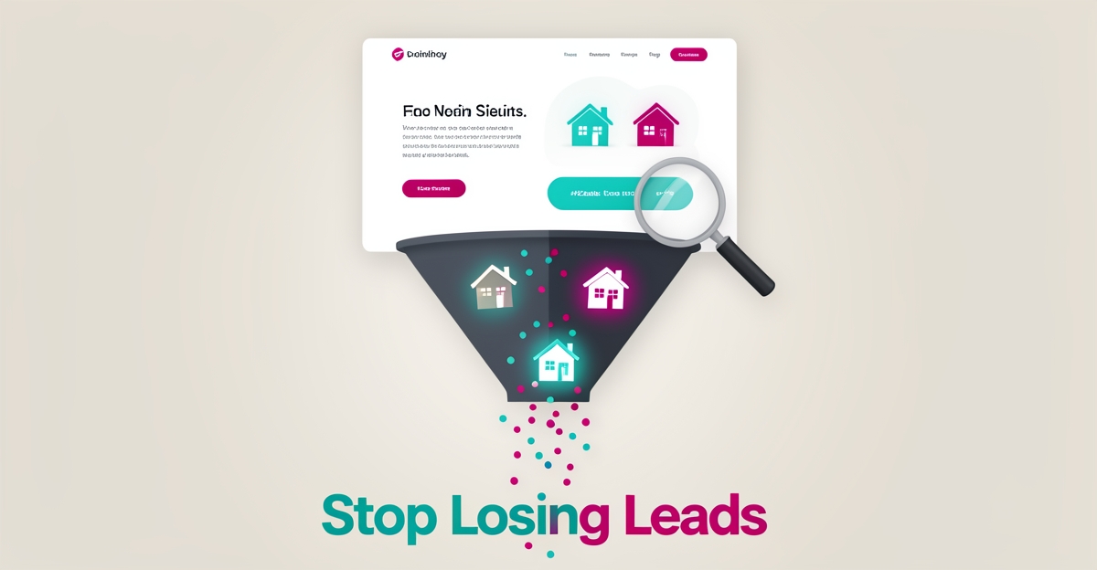 Flat illustration of a website funnel leaking visitor dots while converting some into resident home icons, with headline Stop Losing Leads.