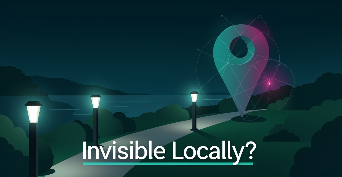 Flat illustration of landscape lighting illuminating a Nova Scotia coastal pathway at night with a glowing map pin symbolizing local search visibility.