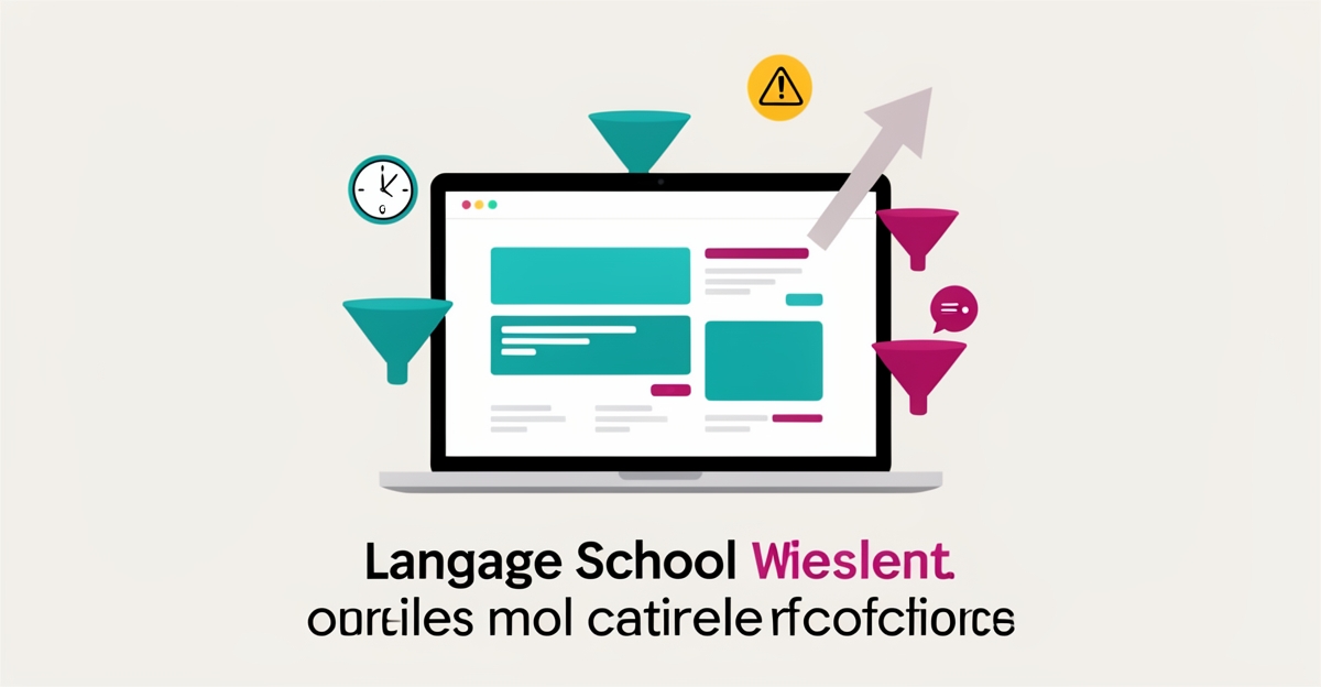 Flat illustration of a language school website on a laptop with warning icons symbolizing conversion problems, accented in teal and magenta.