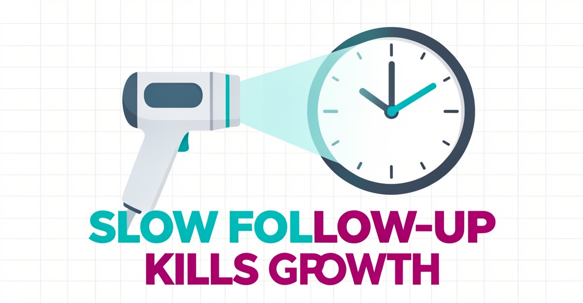 A minimalist flat illustration of a laser device and delayed clock representing slow follow-up in clinics, with headline overlay in brand colors.