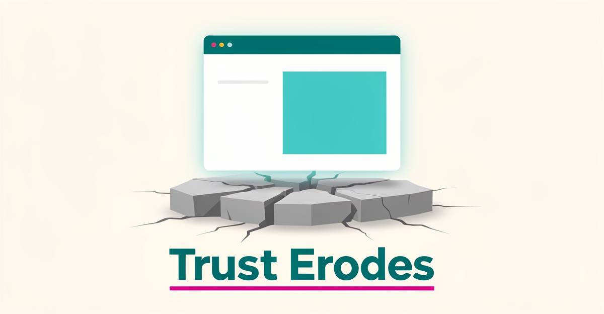 Flat illustration of a glowing website window on a cracked stone foundation, symbolizing a leadership training site eroding client trust.