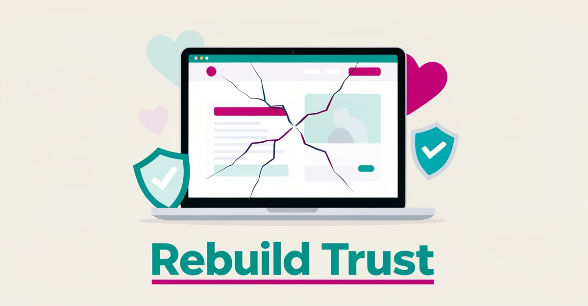 Flat illustration of a cracked laptop screen showing a therapy website with a shield and heart icon, symbolizing trust issues, headlined Rebuild Trust.