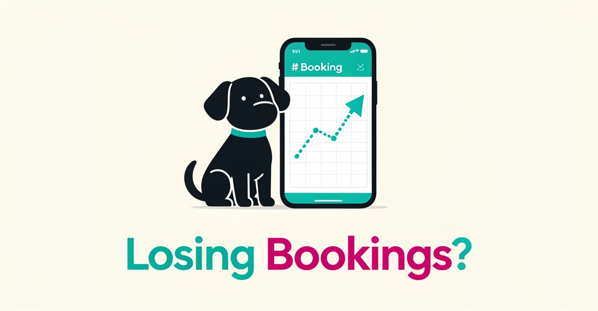 Flat illustration of a dog beside a smartphone booking calendar with a rising arrow, accented in teal and magenta, with headline 'Losing Bookings?'