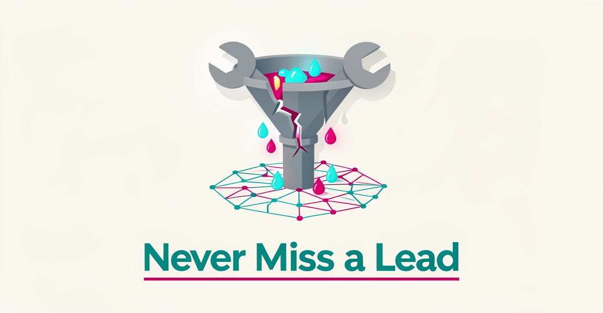 Flat illustration of a pipe funnel losing glowing leads caught by an AI circuit net, symbolizing instant lead follow-up for trade schools.