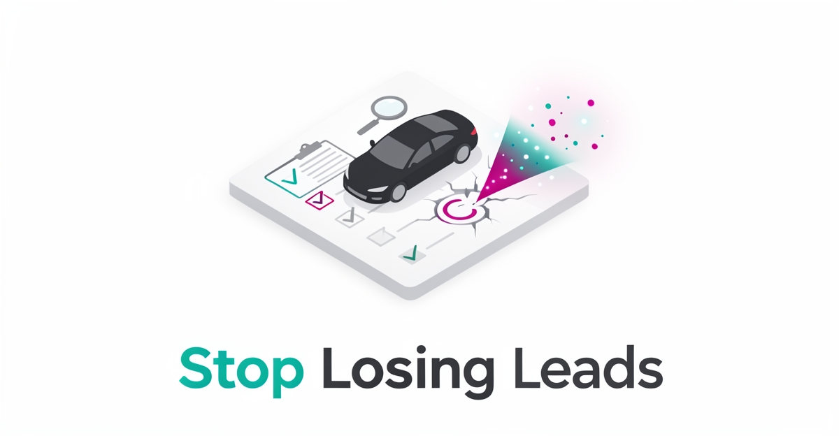 Flat illustration of a car inspection platform with a funnel losing glowing lead dots, accented in teal and magenta, with headline Stop Losing Leads.
