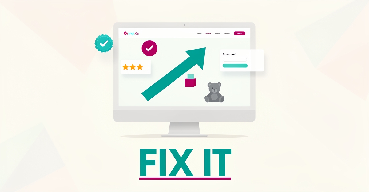 Flat illustration of a preschool website on a monitor with a rising conversion arrow and UI elements, accented in teal and magenta.
