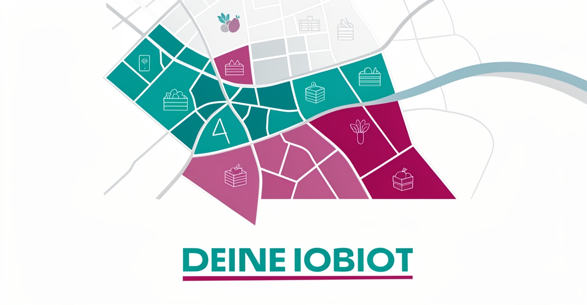 Flat illustration of a city map with color-coded delivery zones and produce icons, highlighting clear service areas for wholesalers.
