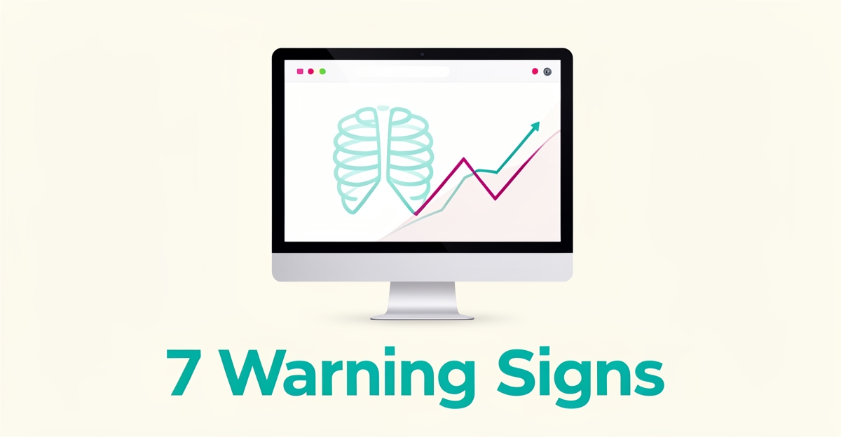 Flat illustration of a monitor showing a medical scan beside a declining analytics graph, symbolizing a radiology website losing patient bookings.