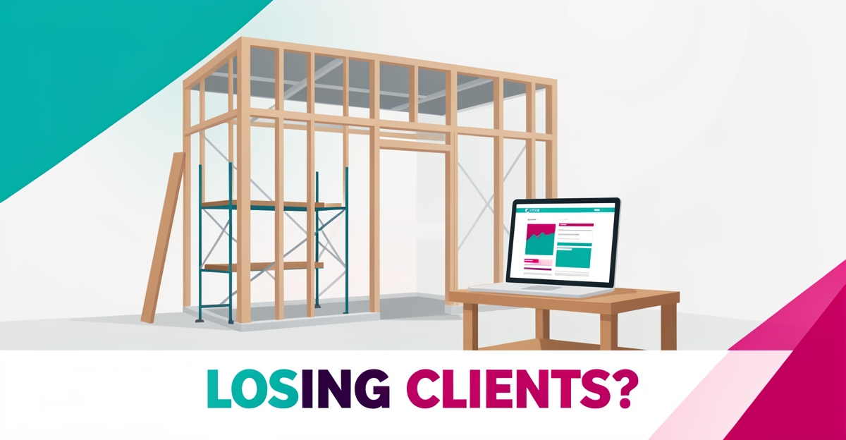 Flat illustration of a retail build-out interior with a laptop showing a website wireframe, accented in teal and magenta, with the headline 'Losing Clients?'