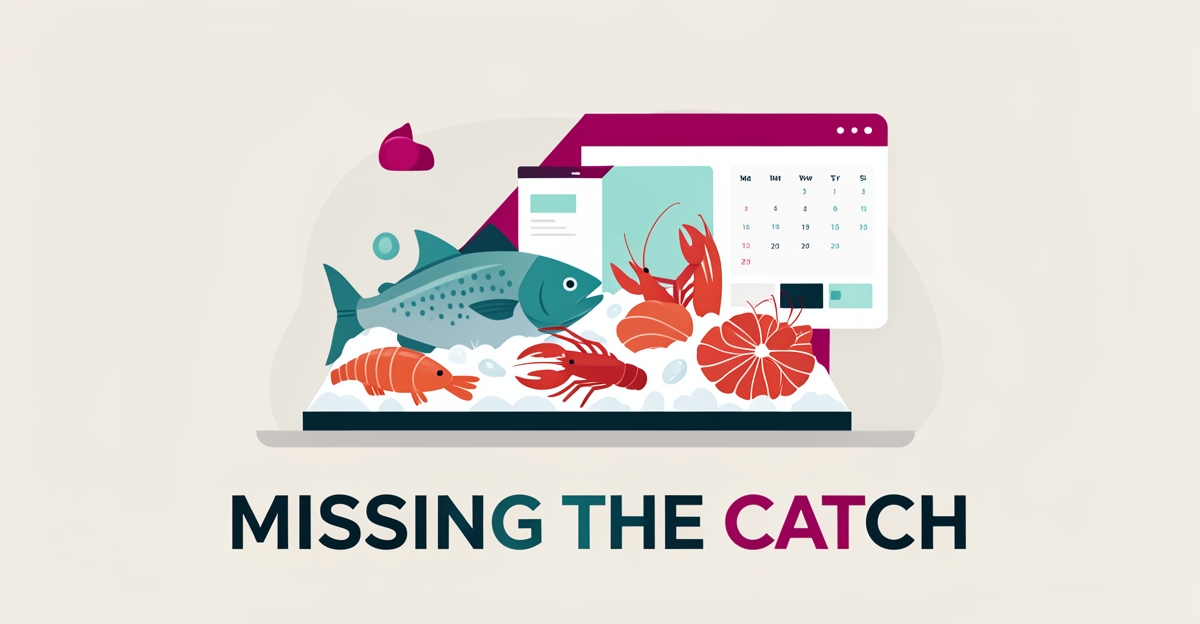 Flat illustration of fresh seafood on ice beside a seasonal website interface, accented in teal and magenta, with headline 'Missing the Catch'.
