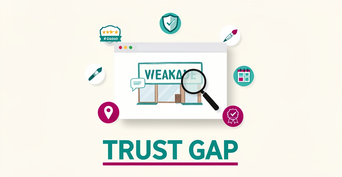 Flat illustration of a website browser with storefront sign mockup surrounded by trust signal icons like stars and checkmark shields.
