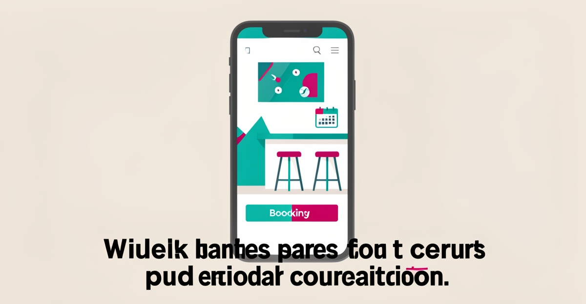 Flat illustration of a smartphone showing a sports bar booking site beside a bar counter and calendar icon in teal and magenta accents.
