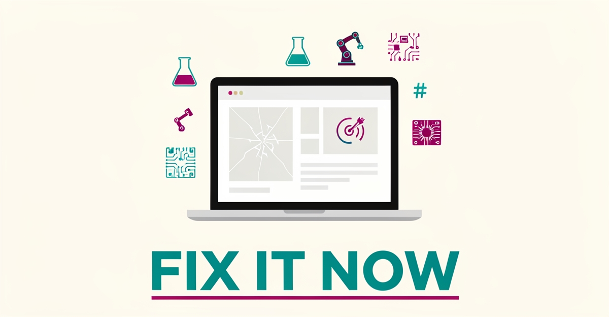 Flat illustration of a failing STEM camp website on a laptop with broken elements and STEM icons, accented in teal and magenta.