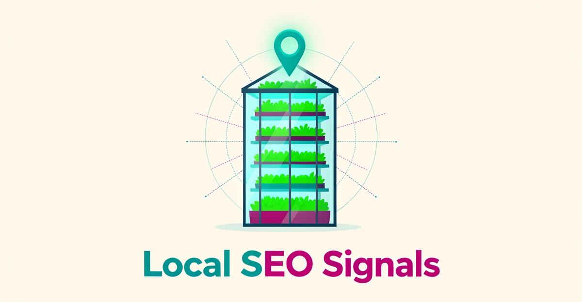 Flat illustration of a vertical farm with location pin and map grid lines symbolizing local SEO visibility, accented in teal and magenta.