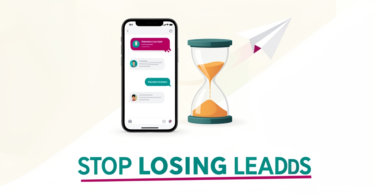 Flat illustration of a smartphone with an unanswered message, an hourglass, and a fading paper airplane symbolizing lost leads, with headline reading Stop Losing Leads.