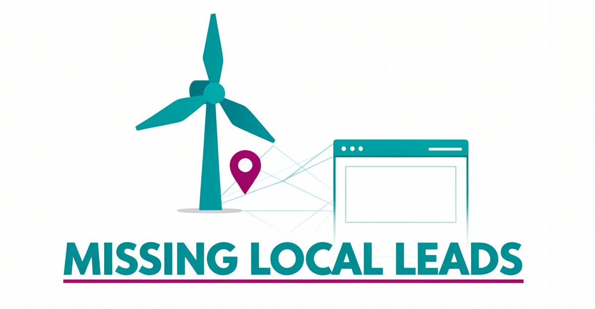 Flat illustration of wind turbine with map pin and website frame showing local lead generation concept.