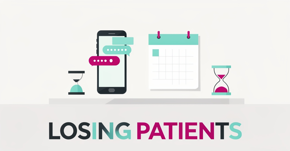 Flat illustration of a dental clinic desk with missed notifications and an empty calendar, titled Losing Patients.