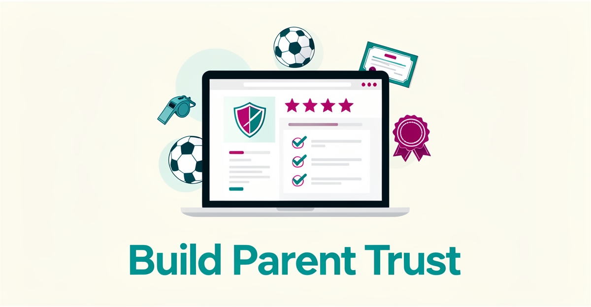 Flat illustration of a laptop showing a youth sports website with trust badges, ratings, and a checklist in teal and magenta accents.