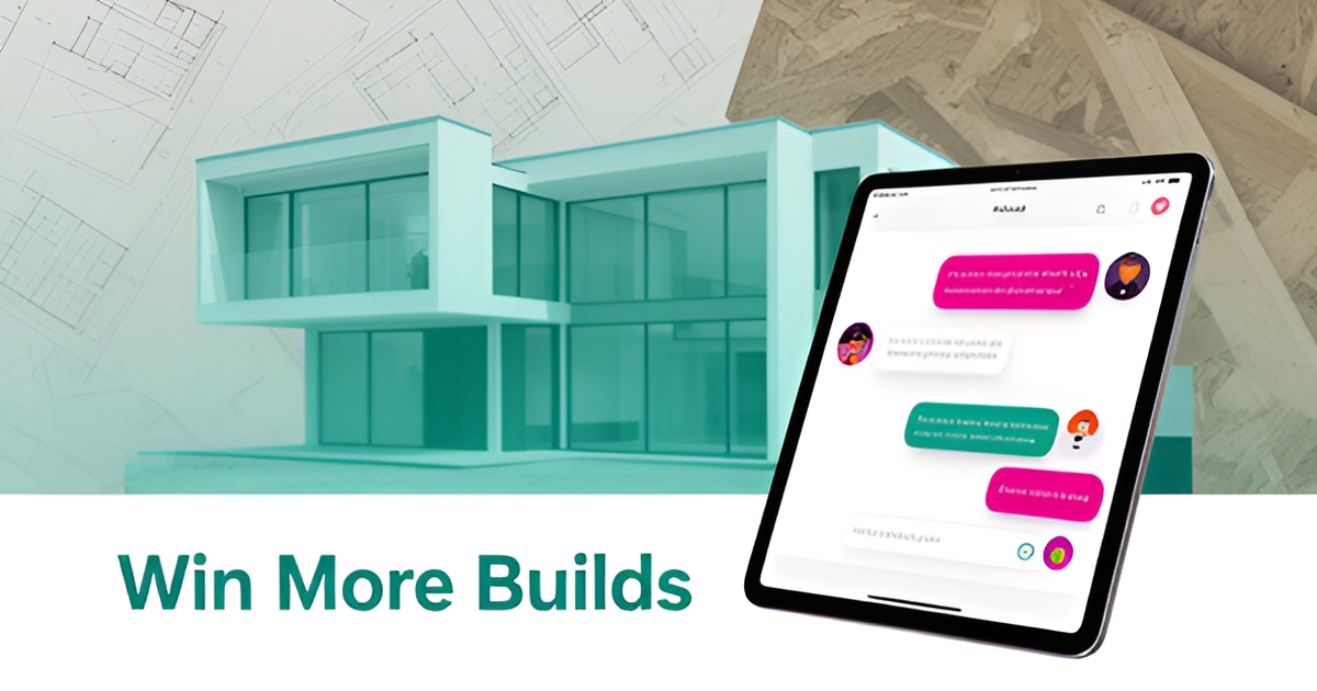 A modern illustration of a construction site with a chatbot interface on a tablet, symbolizing AI lead generation for home builders.