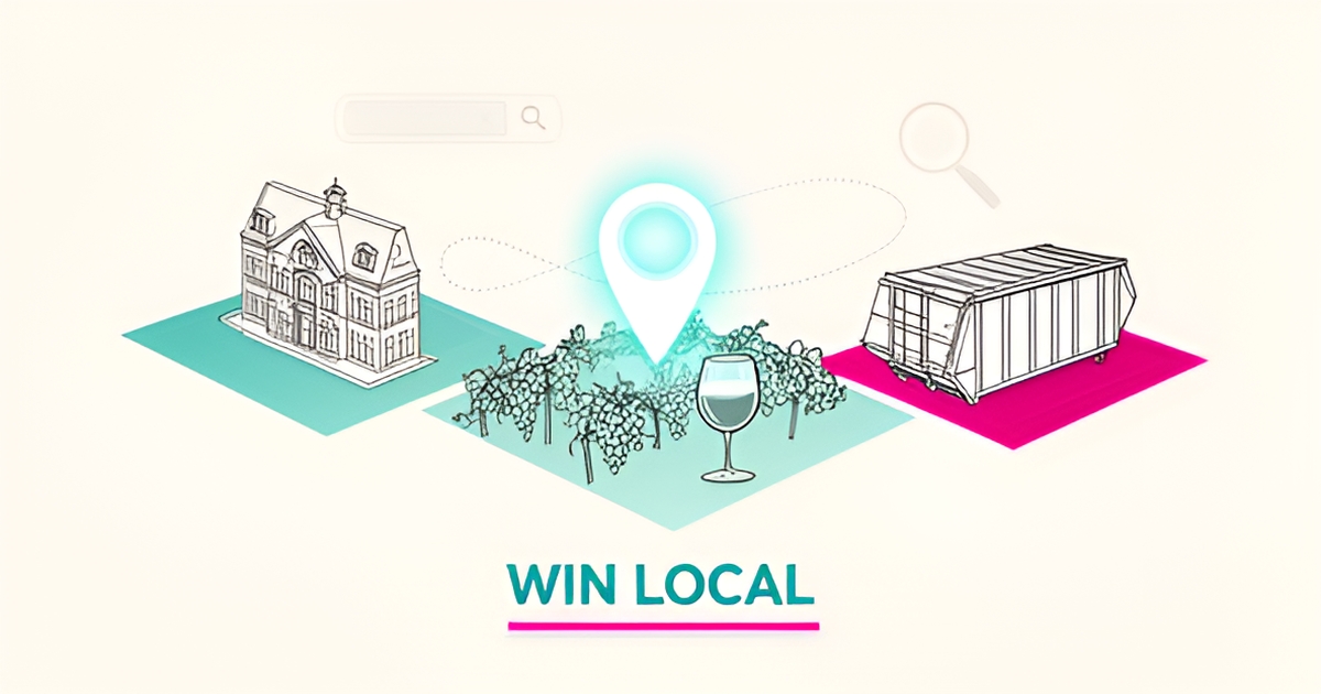 Flat illustration of a map connecting an architect's building, winery, and dumpster service with a glowing local search pin in teal and magenta.