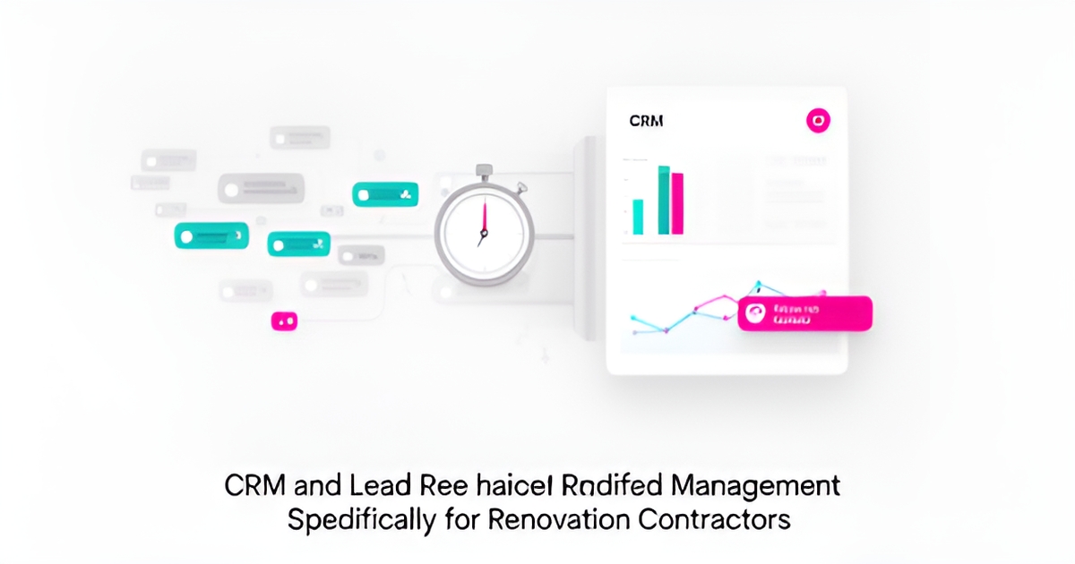 Flat illustration of an automated CRM dashboard routing renovation leads with fast-response stopwatch accent in teal and magenta.