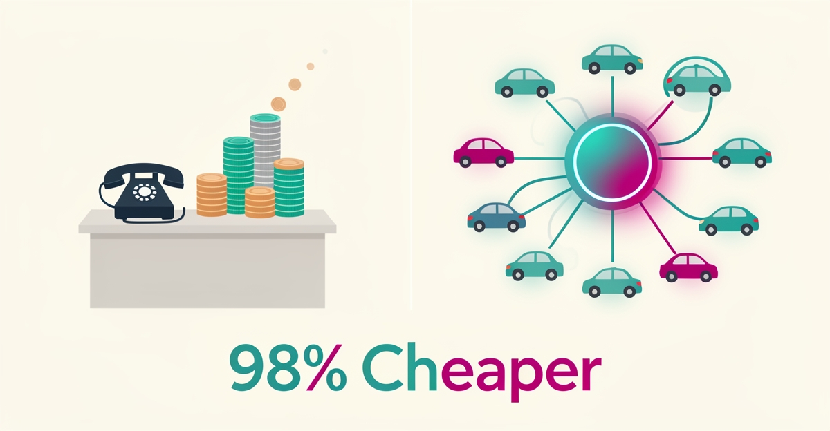 Flat illustration comparing a traditional taxi dispatch desk with an AI dispatch hub, headlined 98% Cheaper.