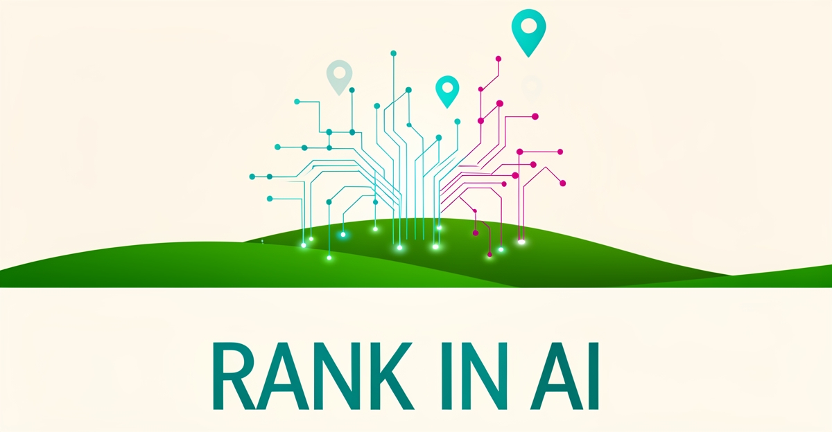 Flat illustration of sod rolls turning into glowing data nodes and map pins, symbolizing AI-driven local search rankings.