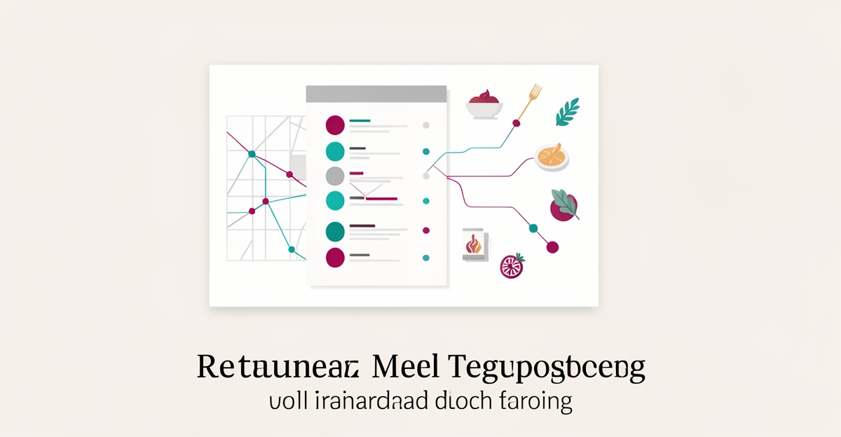 Flat illustration of an AI-connected restaurant menu board linked to a neighborhood map, accented in teal and magenta, with the headline Menus That Think.
