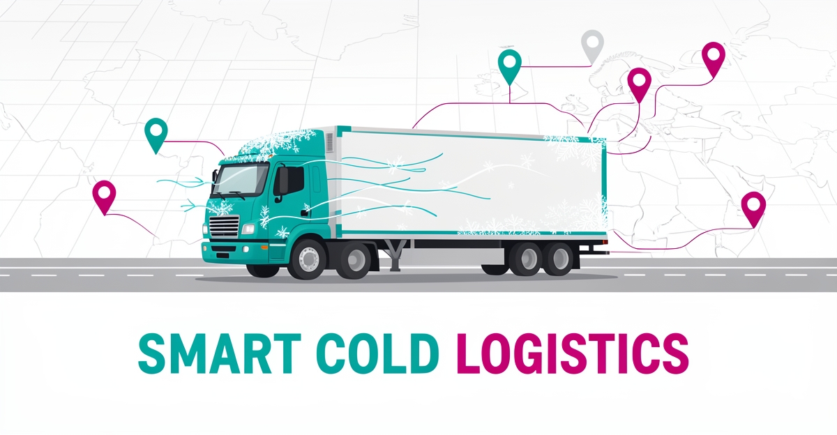 Flat illustration of a refrigerated truck on a stylized map with teal and magenta accents, symbolizing AI-driven regional cold chain logistics.