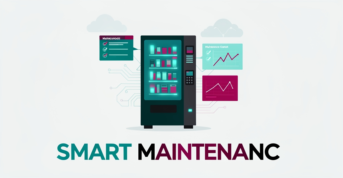 Flat illustration of a smart vending machine with digital maintenance diagnostics and checklist panels in teal and magenta accents.
