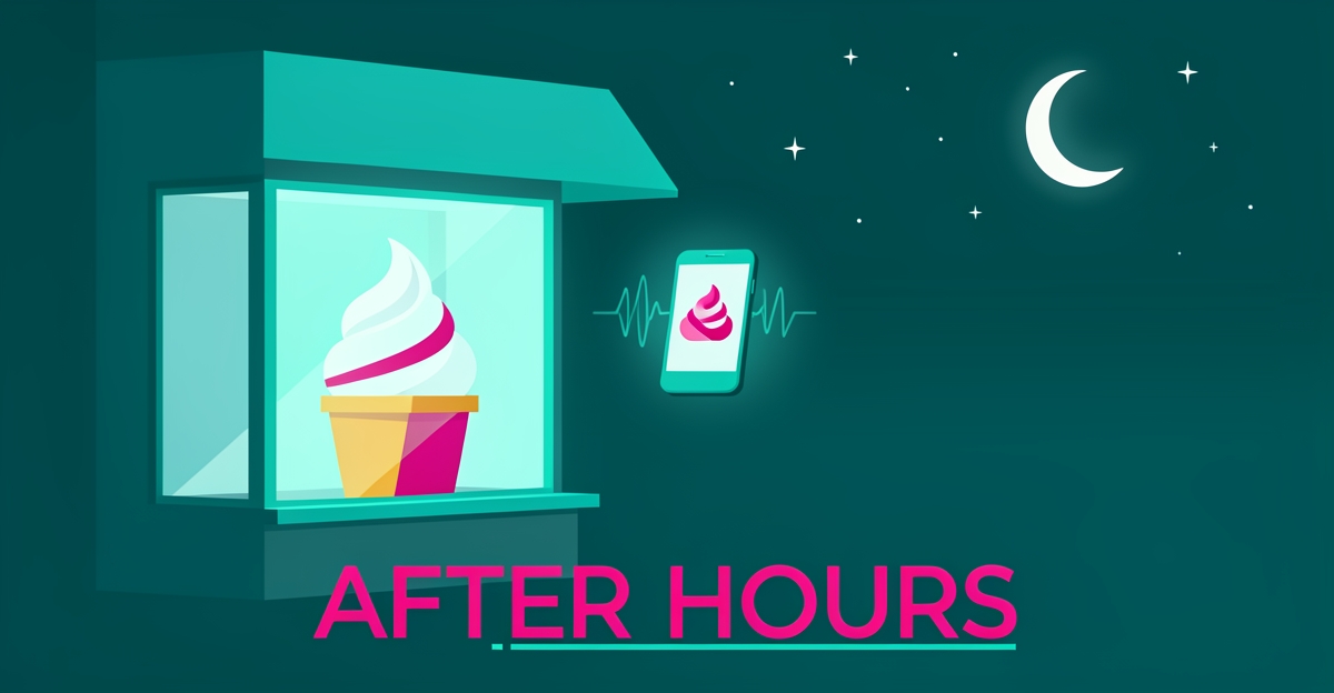 Flat illustration of a glowing frozen yogurt shop at night with a smartphone and call waves, accented in teal and magenta.