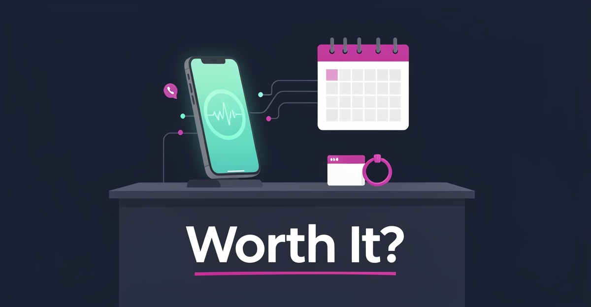 Flat illustration of a smartphone with AI voice waveform beside a calendar and piercing jewelry, symbolizing automated booking for piercing studios.