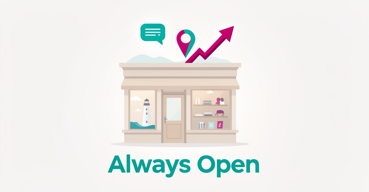 Flat illustration of a hair accessories shop with AI chat, map pin, and analytics icons rising above it in teal and magenta accents.