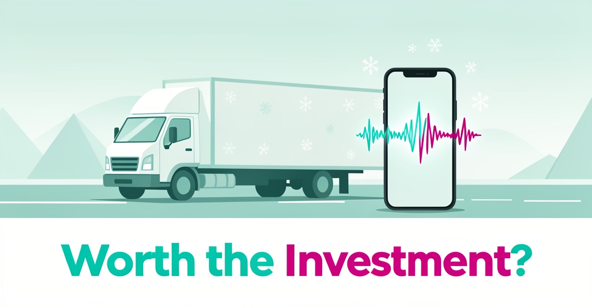 Flat illustration of a refrigerated truck beside a smartphone with soundwaves, symbolizing AI voice automation handling calls in cold-chain trucking.