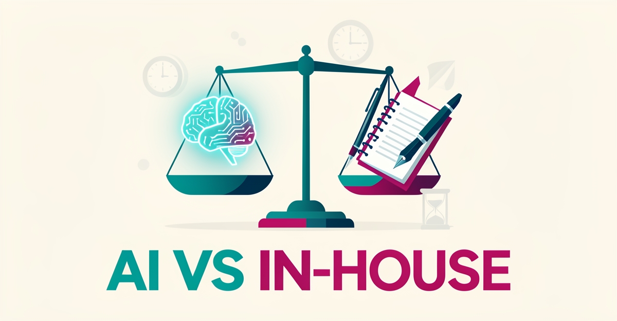 Flat illustration of a balance scale weighing an AI brain icon against a pen and notebook, symbolizing AI versus in-house writers for cosmetology schools.