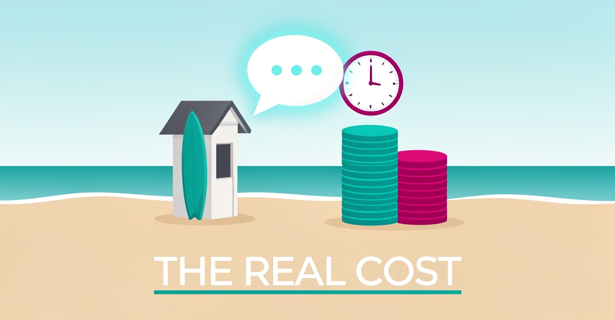 Flat illustration of a surfboard and beach hut with chat and clock icons, contrasting coin stacks symbolizing AI versus manual support costs.