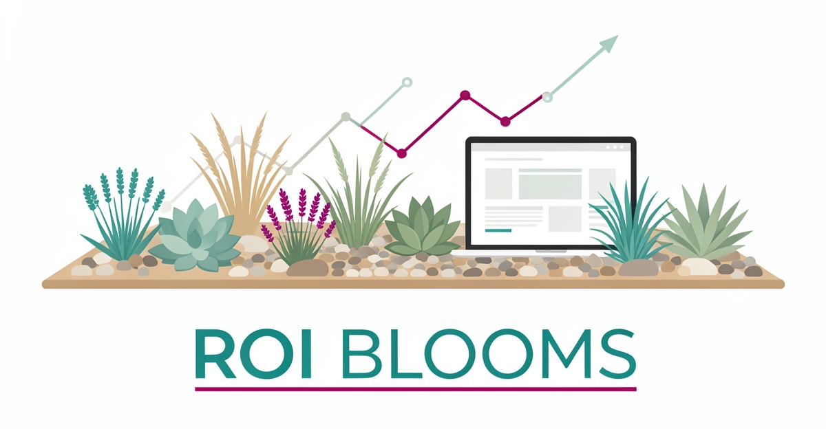 Flat illustration of a xeriscaped garden with rising data graphs and a laptop showing a website, symbolizing AI-driven ROI for Nova Scotia landscaping businesses.