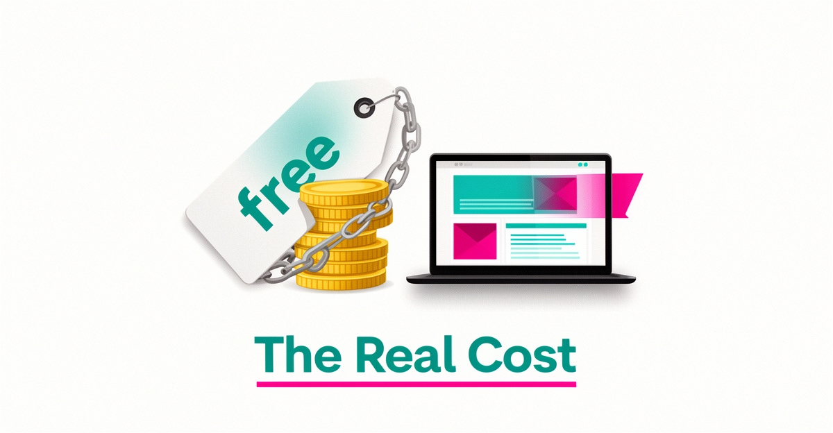 Flat illustration of a laptop with a website wireframe and a price tag transforming into coins, symbolizing hidden costs of free website builders.