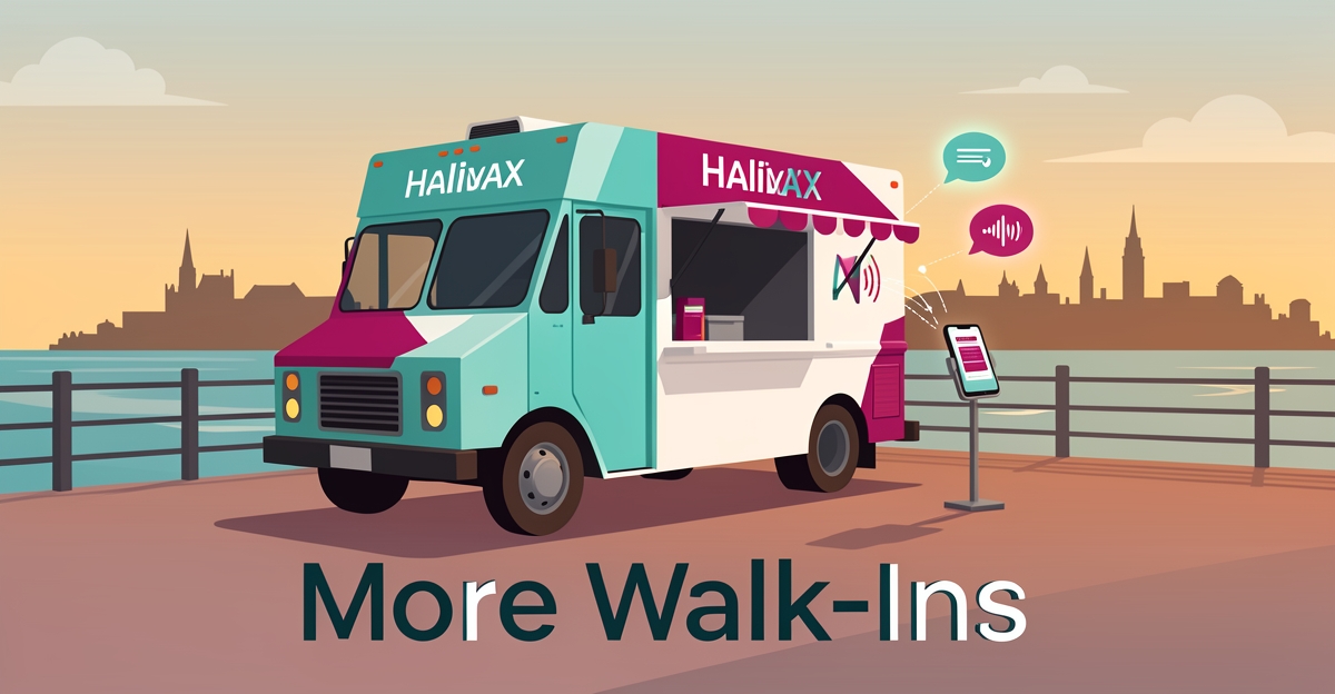 Flat illustration of a Halifax food truck on the waterfront with AI chat and voice icons, headlined More Walk-Ins.