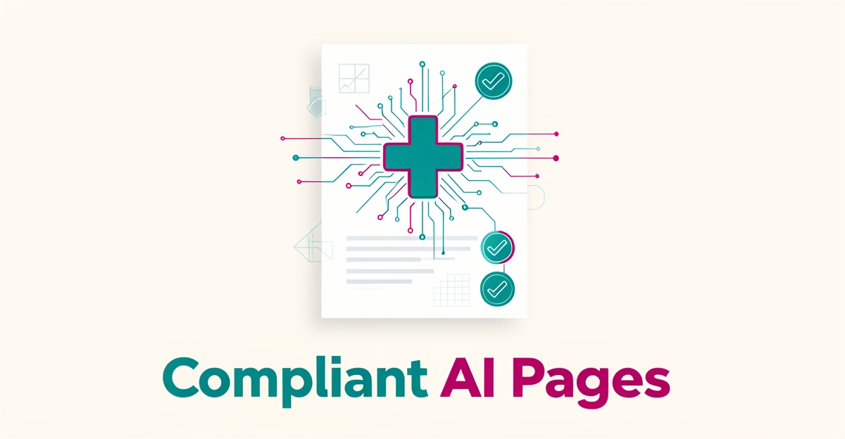 Flat illustration of an AI-generated medical service page with circuit patterns, checkmarks, and teal and magenta brand accents.