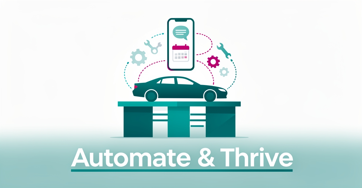 Flat illustration of a car on a lift with a smartphone showing automated chat and calendar reminder icons in teal and magenta, with headline Automate & Thrive.