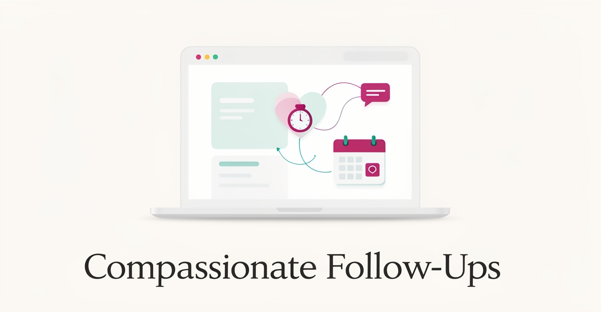 Minimalist flat illustration of a hospice care website sending automated, timely follow-up messages, symbolizing compassionate family support and trust.