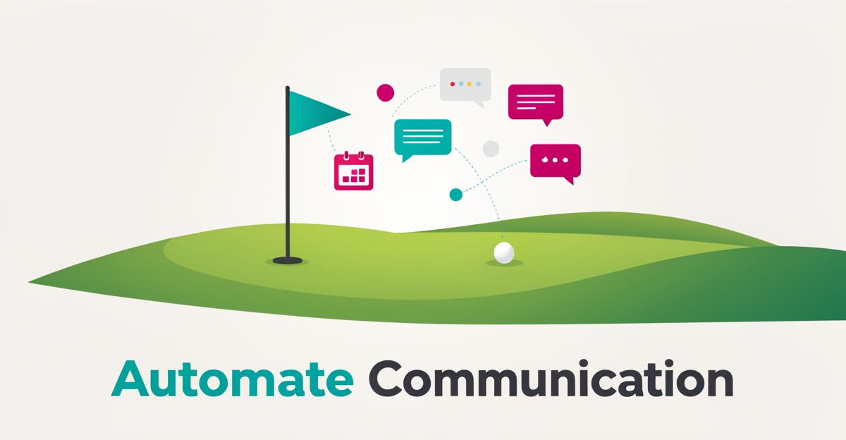Flat illustration of a golf course fairway with automated notification and reminder icons, headline reading Automate Communication.