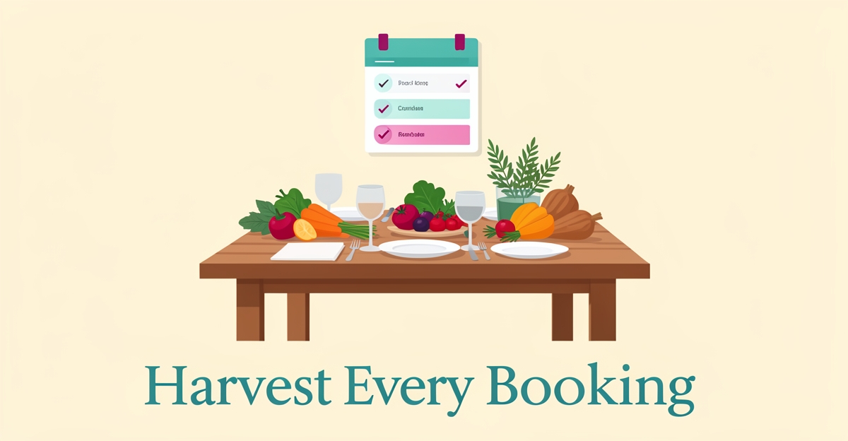 Flat illustration of a farm-to-table restaurant table with seasonal produce and a floating digital booking interface in teal and magenta accents.