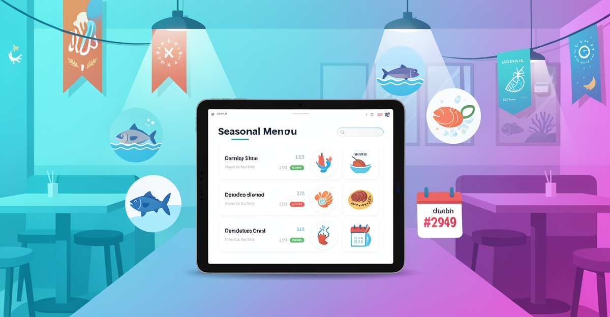 A minimalist flat illustration of a seafood restaurant with a tablet showing dynamic menu updates, using brand colors as accents, representing AI automation of seasonal promotions.