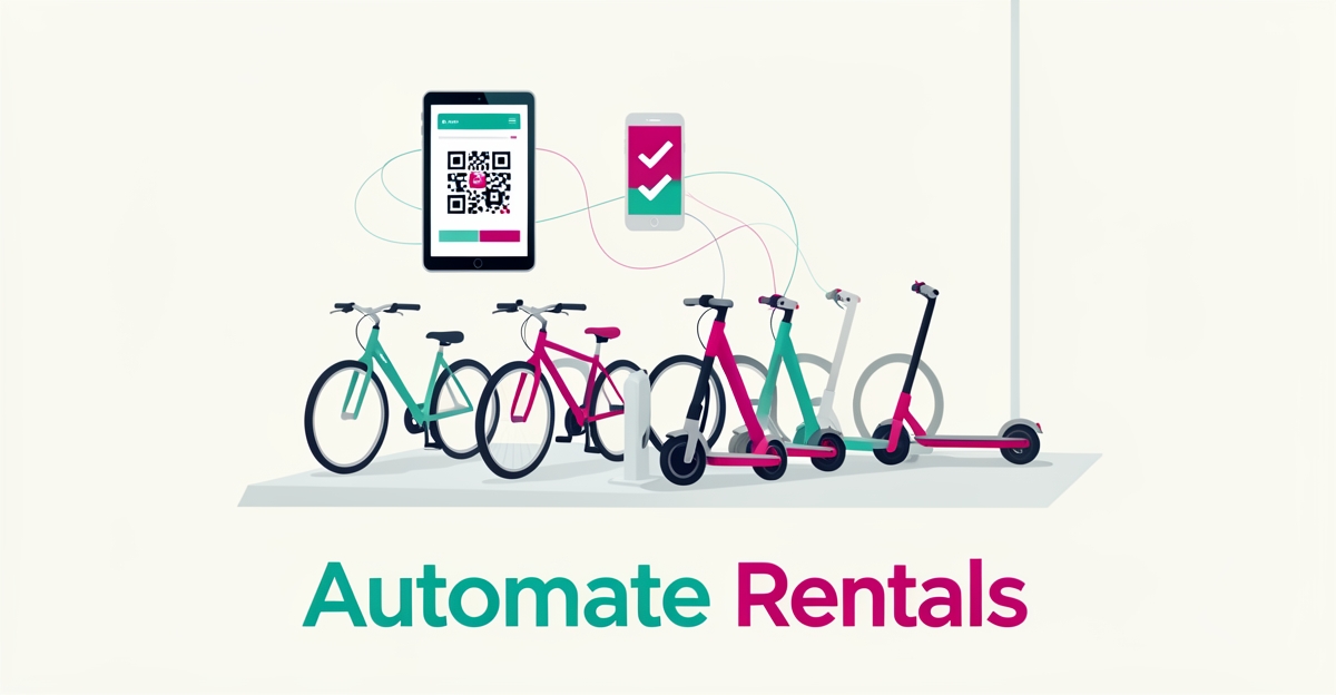 Flat illustration of a bike and scooter rental fleet with digital devices showing automated waiver checkmarks and QR code in teal and magenta.