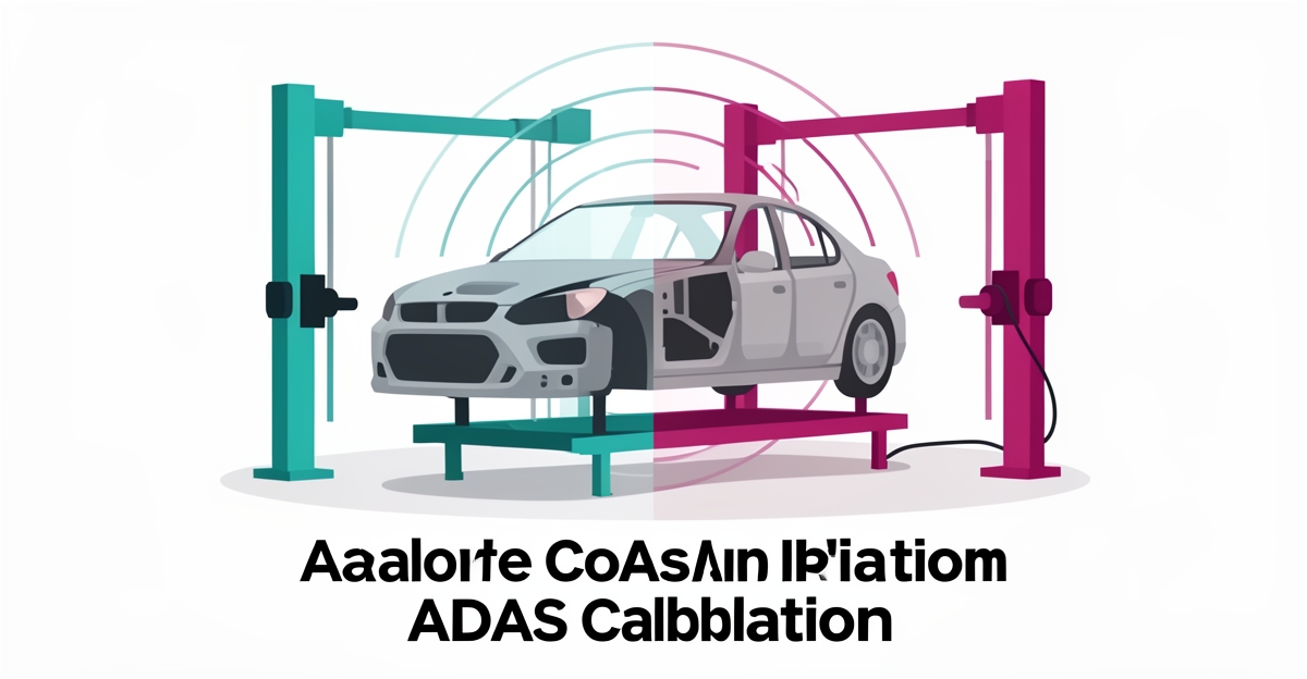 Flat illustration of a car on a frame straightening rack with ADAS sensor calibration waves in teal and magenta accents.