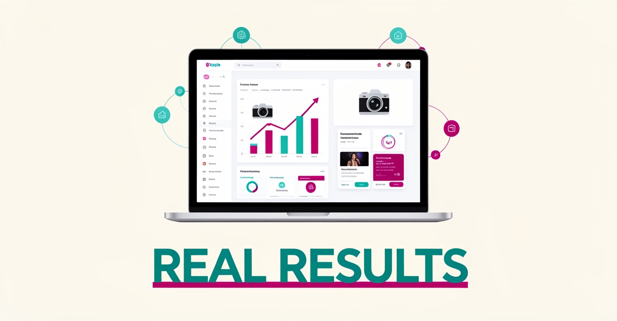 Flat illustration of a laptop showing a photography website dashboard with rising results charts in teal and magenta, headlined Real Results.