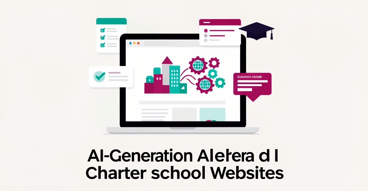 Flat illustration of a laptop generating a charter school website with multilingual content icons in teal and magenta accents.