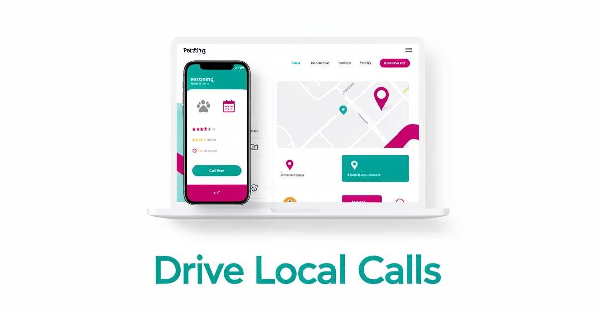Flat illustration of a pet sitting website UI on devices with call button, navigation, and trust badges in teal and magenta accents.